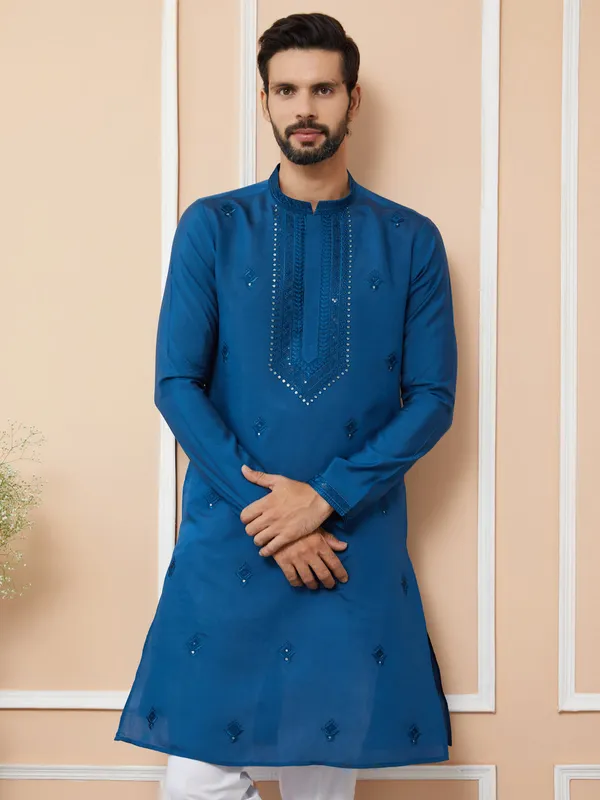 Dark_Blue_Embroidered_Chanderi_Silk_Straight_Kurta