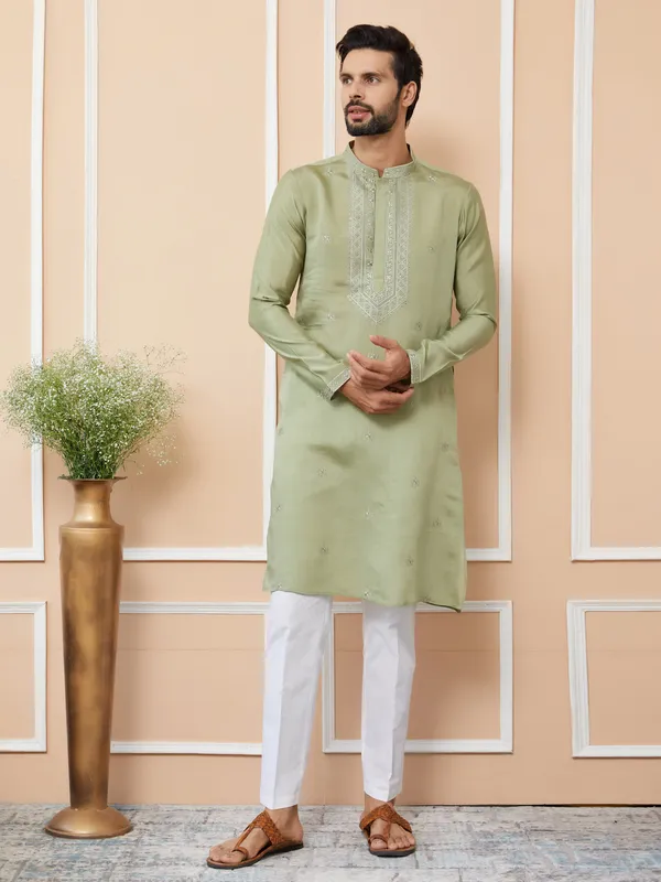 Olive_Embroidered_Chanderi_Silk_Straight_Kurta_With_Pyjama