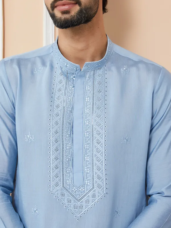 Light_Blue_Embroidered_Chanderi_Silk_Straight_Kurta_With_Pyjama