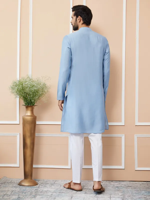 Light_Blue_Embroidered_Chanderi_Silk_Straight_Kurta_With_Pyjama