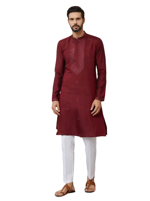 Maroon_Embroidered_Chanderi_Silk_Straight_Kurta_With_Pyjama