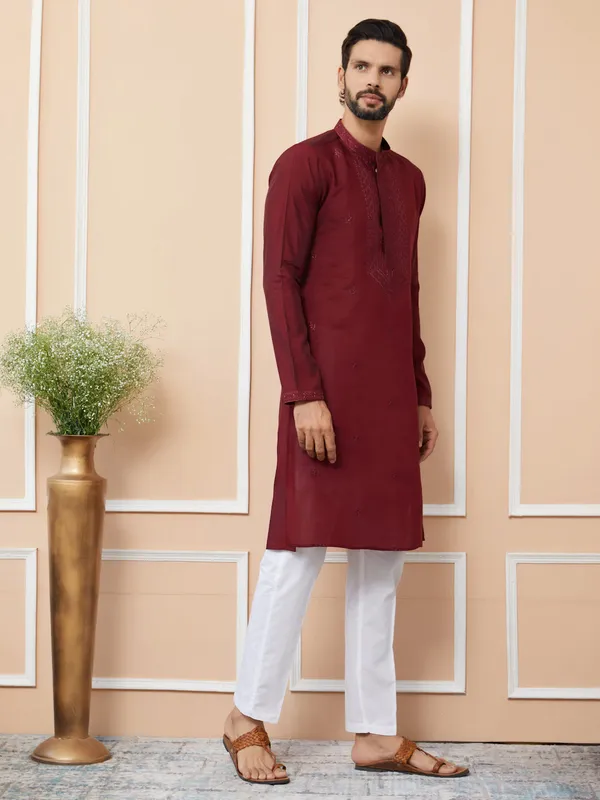 Maroon_Embroidered_Chanderi_Silk_Straight_Kurta