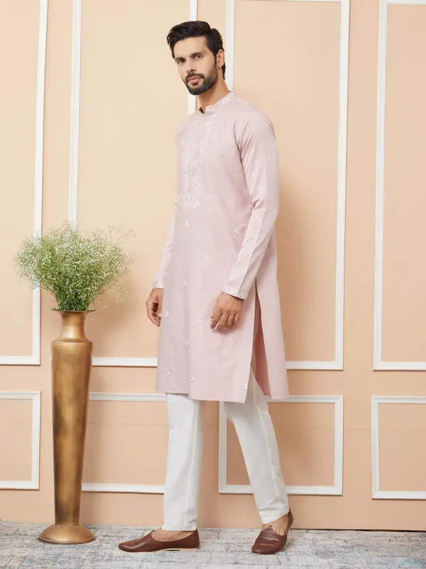 Peach_Embroidered_Zara_Silk_Straight_Kurta_With_Pyjama