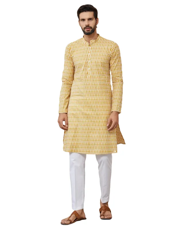 Yellow_Printed_Pure_Cotton_Straight_Kurta_With_Pyjama