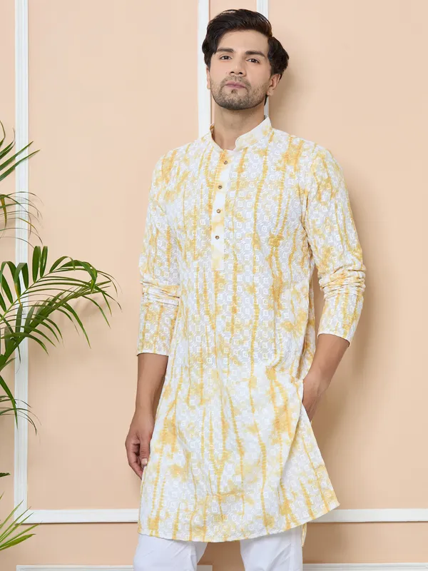 Yellow_Tie_&_Dye_Printed_&_Embroidered_Cotton_Straight_Kurta_With_Pyjama