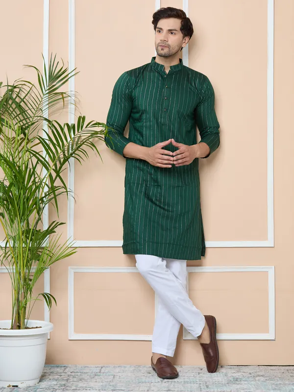 Dark_Green_Thread_Work_Straight_Kurta_With_Pyjama