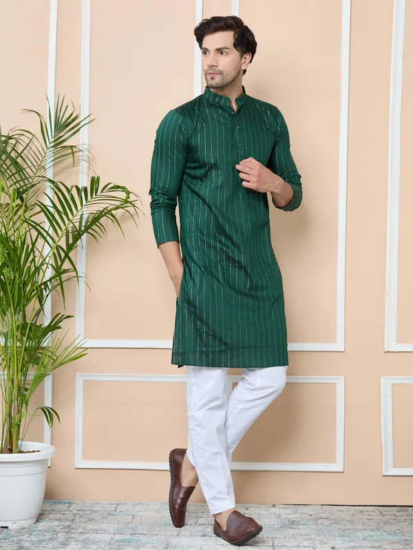 Dark_Green_Thread_Work_Straight_Kurta_With_Pyjama