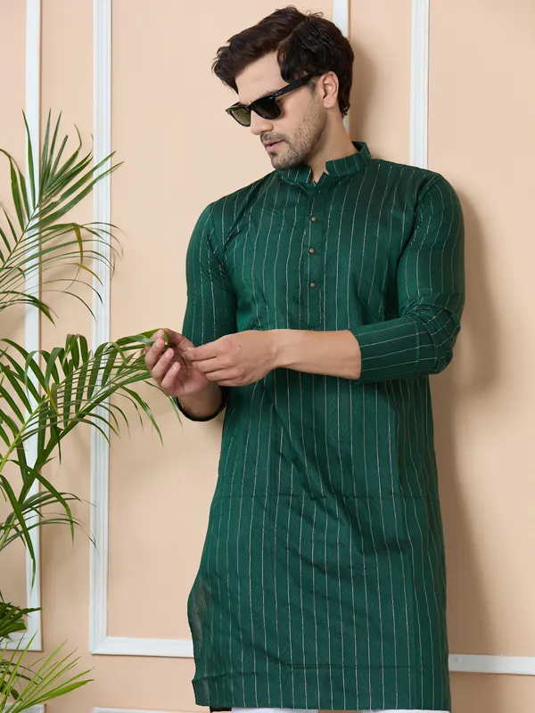 Dark_Green_Thread_Work_Straight_Kurta_with_Pyjama