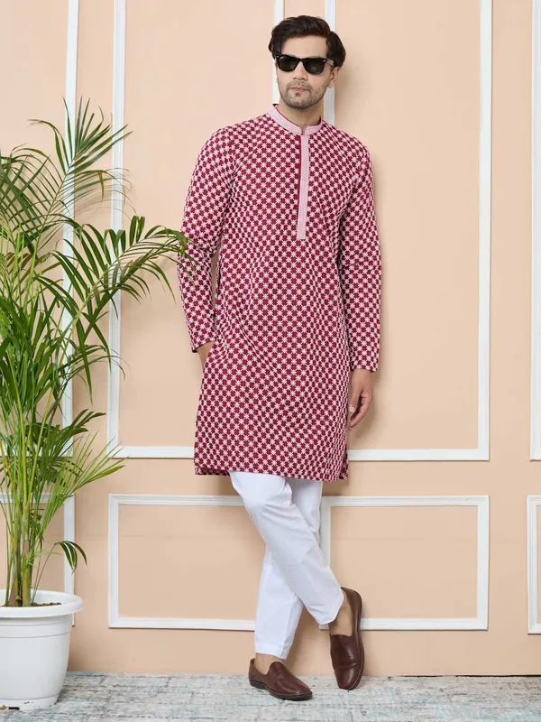 Maroon_Ethnic_Motifs_Embroidered_Mandarin_Collar_Straight_Kurta_with_Pyjama