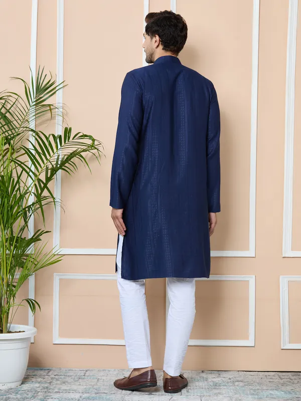 Navy_Jacquard_Mandarin_Collar_Straight_Kurta_With_Pyjama