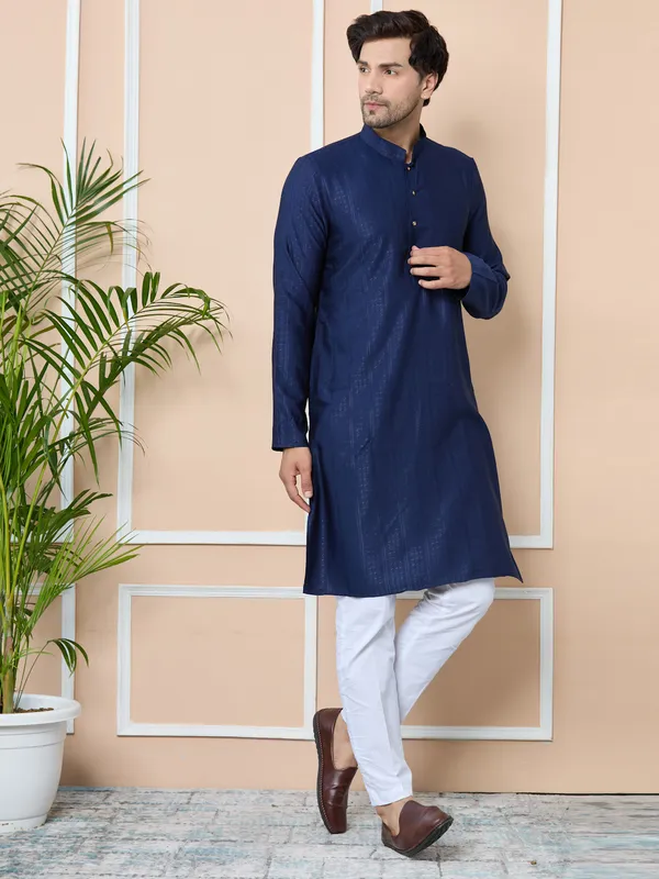 Navy_Jacquard_Mandarin_Collar_Straight_Kurta_With_Pyjama