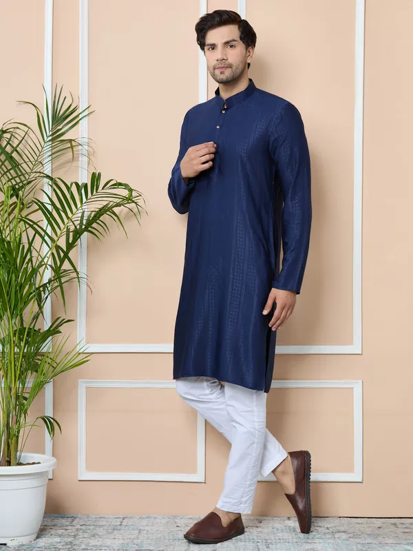 Navy_Jacquard_Mandarin_Collar_Straight_Kurta_With_Pyjama