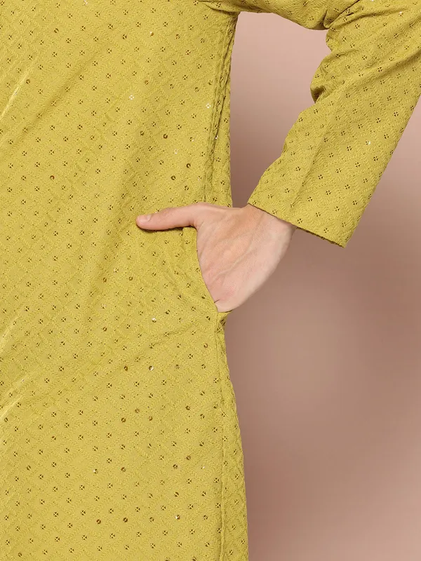 Lime_Green_Sequin_Embroidered_Rayon_Kurta,_Paired_with_Pyjama