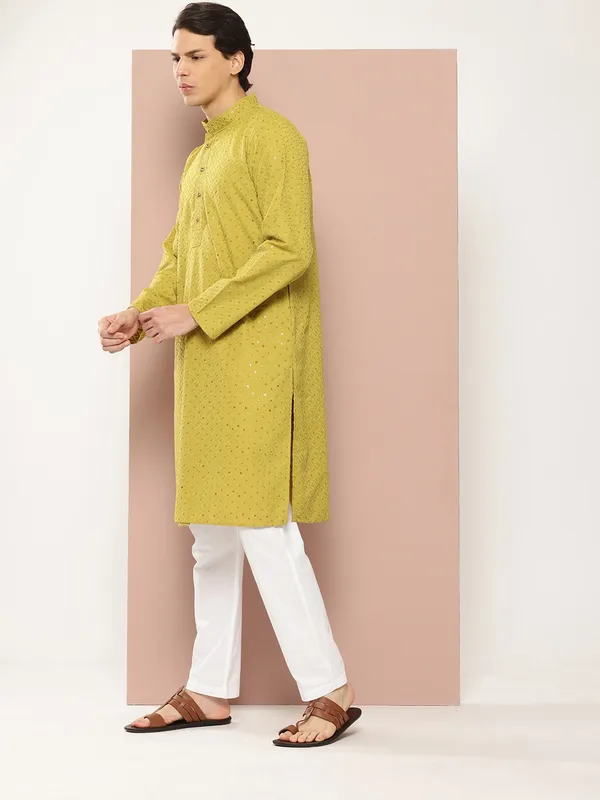 Lime_Green_Sequin_Embroidered_Rayon_Kurta,_Paired_with_Pyjama