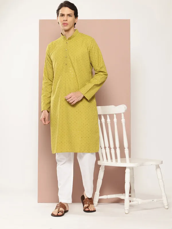 Lime_Green_Sequin_Embroidered_Rayon_Kurta,_Paired_with_Pyjama