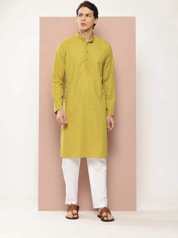 Men's_Lime_Green_Embroidered_Sequined_Rayon_Kurta