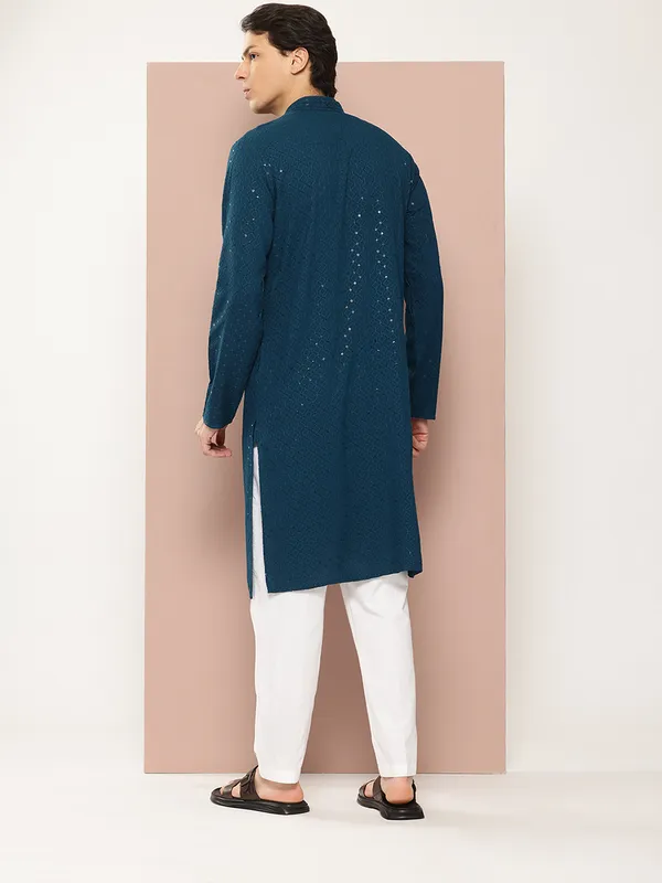 Men's_Dark_Blue_Sequin_Embroidered_Rayon_Kurta,_Paired_with_Pyjama