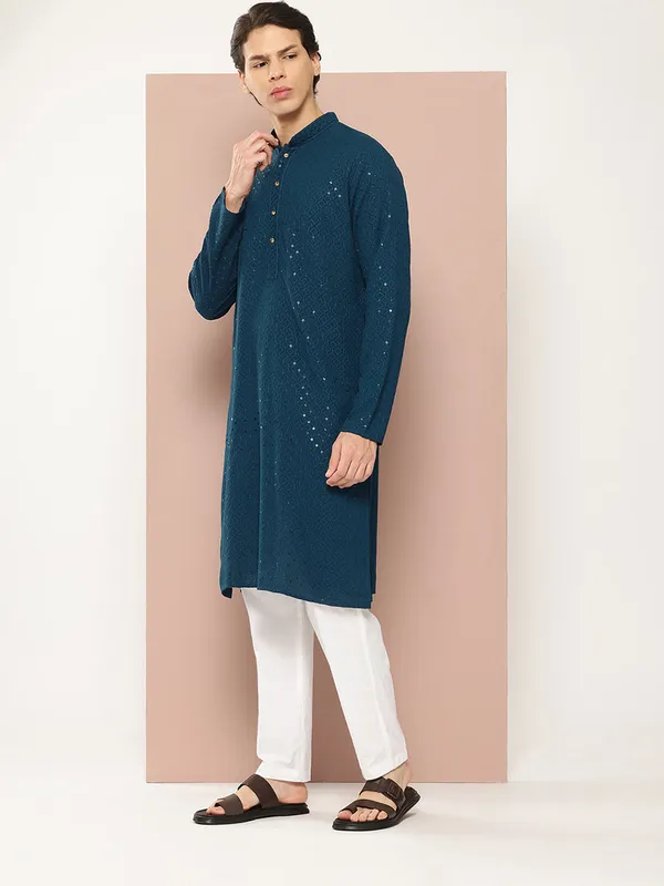 Men's_Dark_Blue_Sequin_Embroidered_Rayon_Kurta,_Paired_with_Pyjama