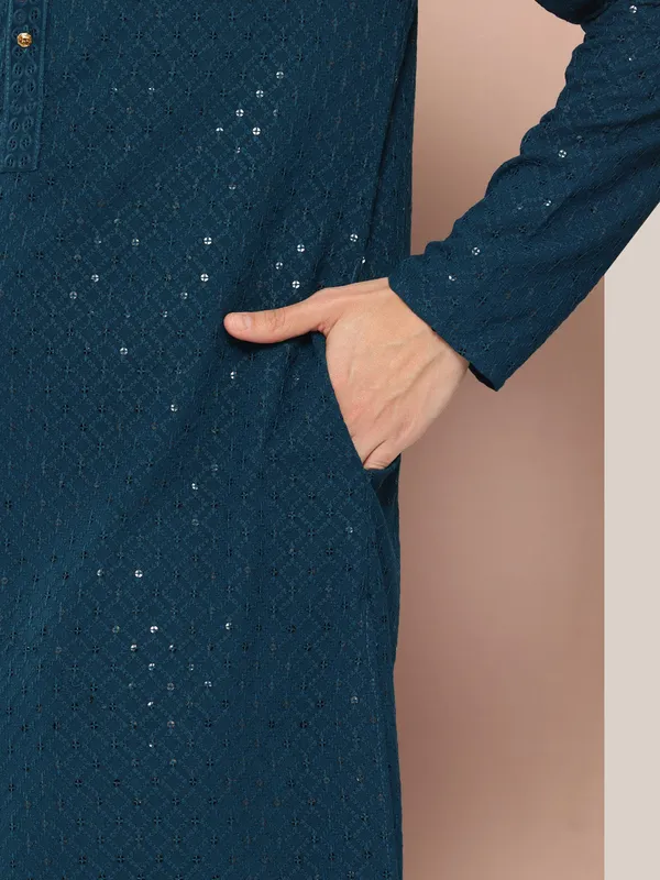 Men's_Dark_Blue_Sequin_Embroidered_Rayon_Kurta,_Paired_with_Pyjama
