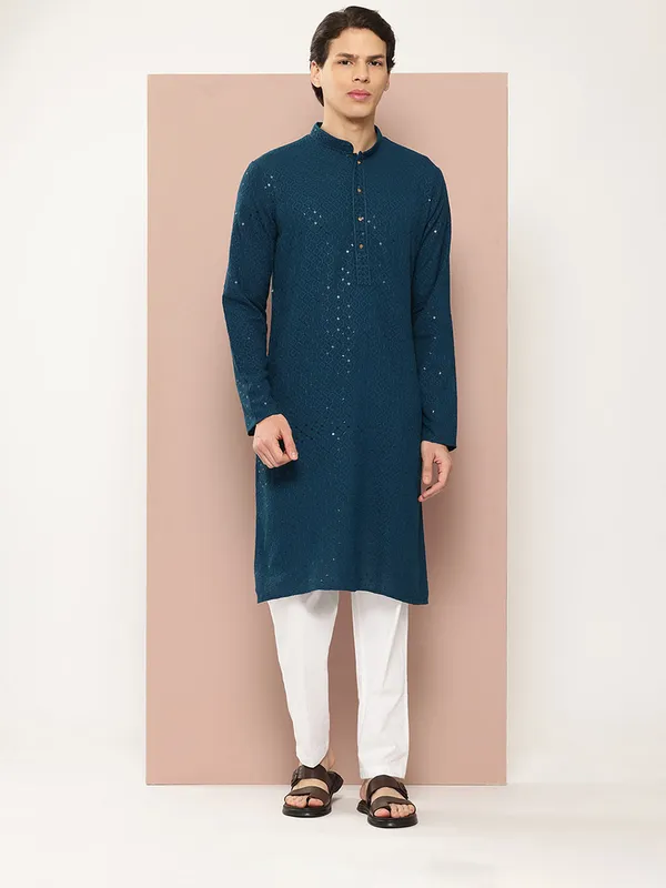 Men's_Teal_Embroidered_Sequined_Rayon_Kurta