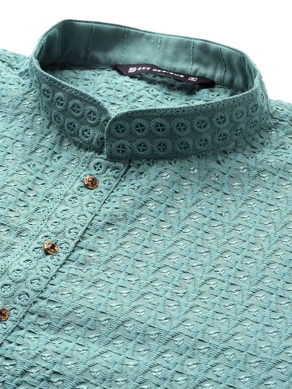 Men_Turquoise_Embroidered_Sequined_Rayon_Kurta_With_Pyjama