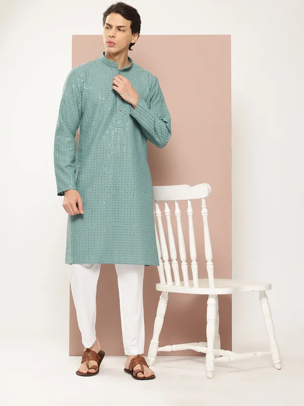 Men_Turquoise_Embroidered_Sequined_Rayon_Kurta_With_Pyjama