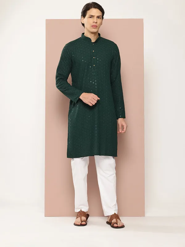 Men's_Green_Sequin_Embroidered_Rayon_Kurta,_Paired_with_Pyjama