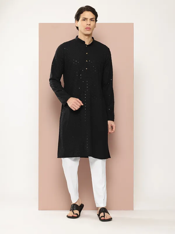 Men's_Black_Sequin_Embroidered_Rayon_Kurta,_Paired_with_Pyjama