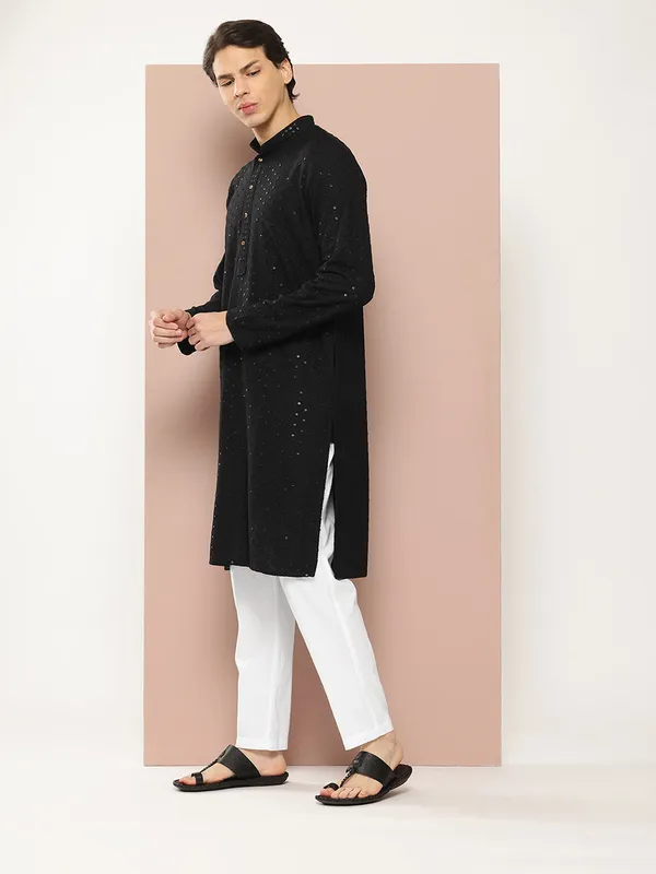 Men's_Black_Sequin_Embroidered_Rayon_Kurta,_Paired_with_Pyjama