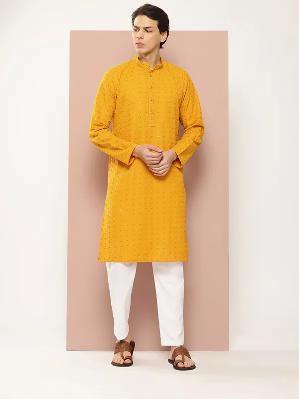 Men_Mustard_Embroidered_Sequined_Rayon_Kurta_With_Pyjama