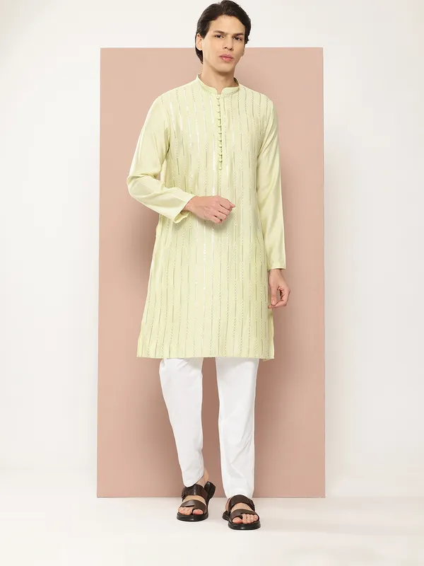Men_Pista_Green_Embroidered_Thread_Work_Sequinned_Chanderi_Silk_Straight_Kurta_With_Pyjama