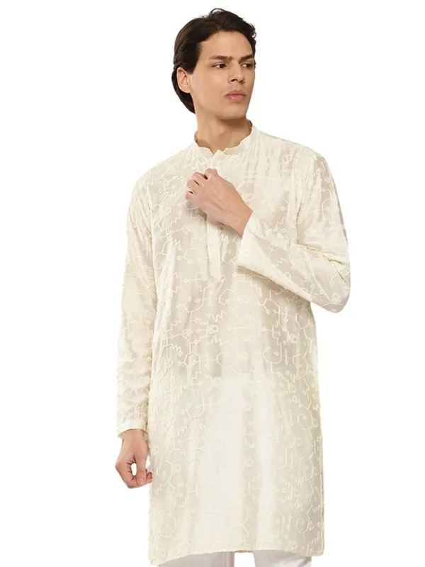 Men's_Off_White_Embroidered_Thread_Work_Chanderi_Silk_Straight_Kurta
