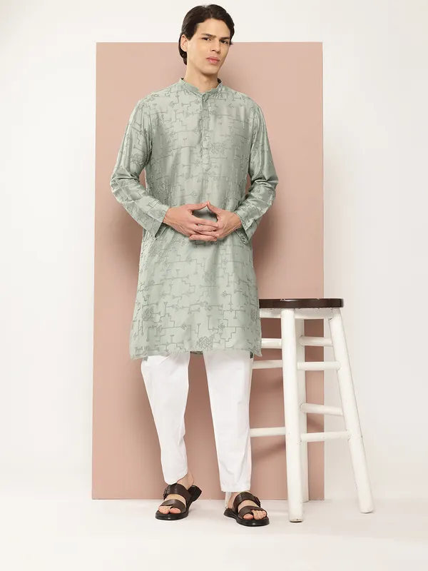 Men's_See_Green_Chanderi_Silk_Embroidered_Kurta,_Paired_with_Pyjama