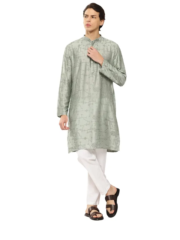 Men_Sea_Green_Embroidered_Thread_Work_Chanderi_Silk_Straight_Kurta_With_Pyjama