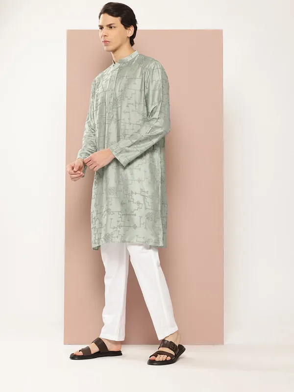 Men's_See_Green_Chanderi_Silk_Embroidered_Kurta,_Paired_with_Pyjama