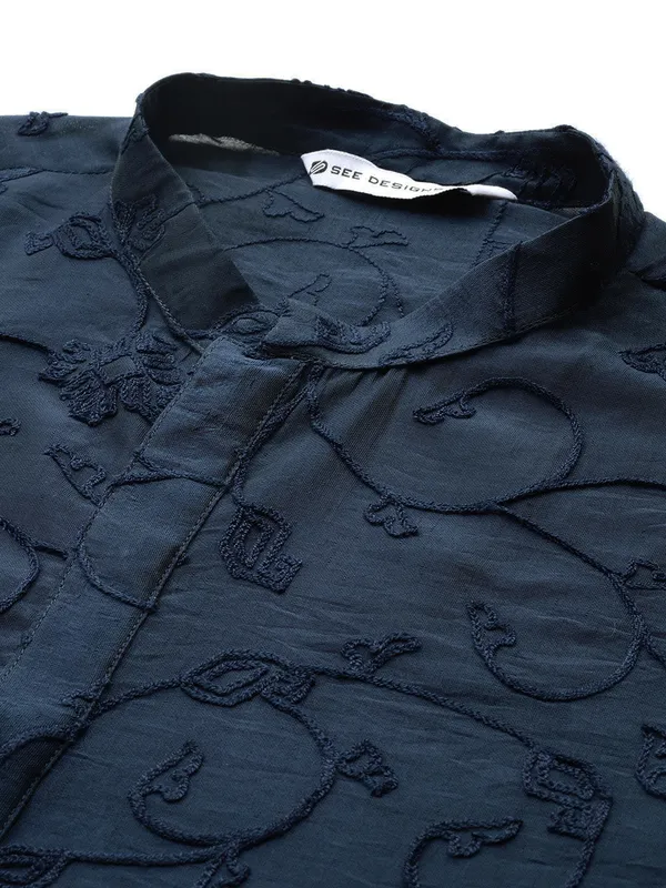 Men's_Dark_Blue_Chanderi_Silk_Embroidered_Kurta,_Paired_with_Pyjama