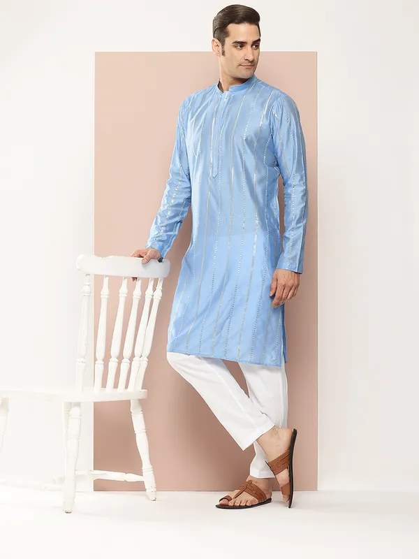 Men_Turquoise_Blue_Sequins_Embroidered_Chanderi_Silk_Straight_Kurta_With_Pyjama