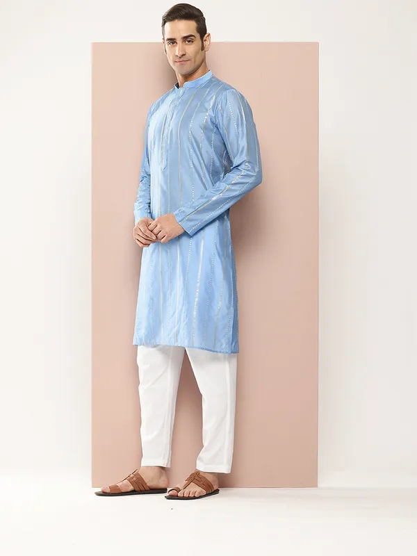 Men's_Blue_Chanderi_Silk_Embroidered_Kurta,_Paired_with_Pyjama