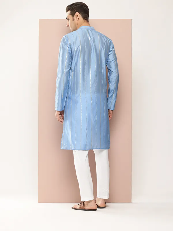 Men's_Blue_Chanderi_Silk_Embroidered_Kurta,_Paired_with_Pyjama