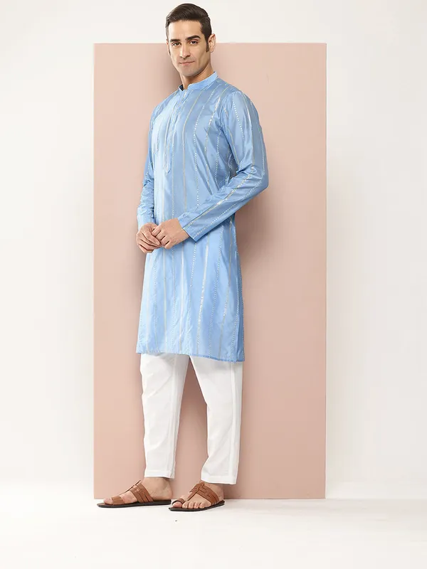 Men's_Turquoise_Blue_Sequins_Embroidered_Chanderi_Silk_Straight_Kurta