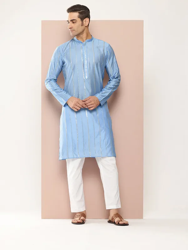 Men's_Turquoise_Blue_Sequins_Embroidered_Chanderi_Silk_Straight_Kurta