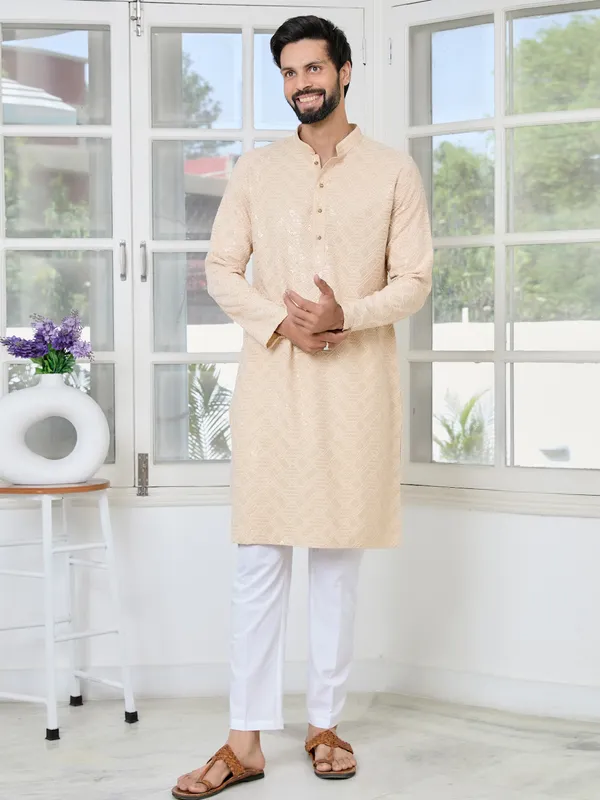 Beige_Geometric_Sequins_Embroidered_Thread_Work_Straight_Kurta_With_Pyjama