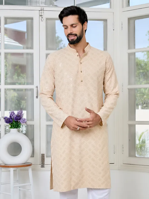 Beige_Geometric_Sequins_Embroidered_Thread_Work_Straight_Kurta_With_Pyjama