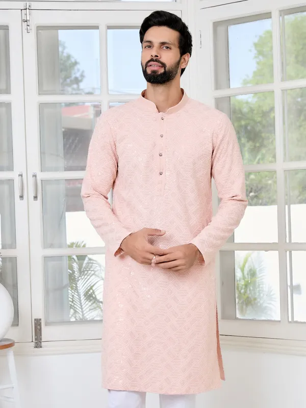 Peach_Geometric_Sequins_Embroidered_Thread_Work_Straight_Kurta_With_Pyjama