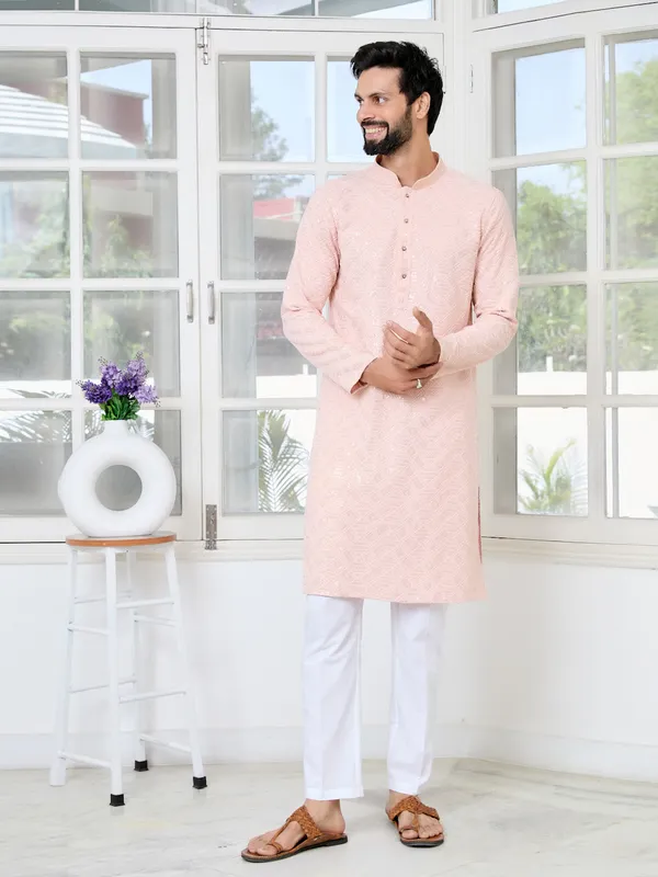 Peach_Geometric_Sequins_Embroidered_Thread_Work_Straight_Kurta_With_Pyjama