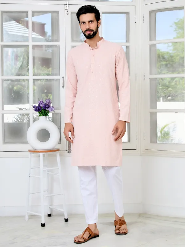 Men_Peach_Ethnic_Motifs_Sequins_Embroidered_Straight_Kurta_With_Pyjama