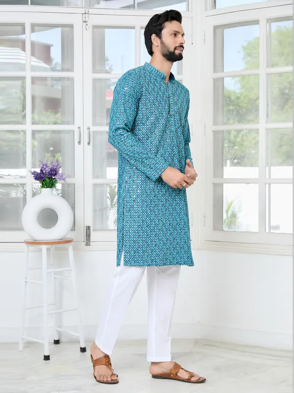 Men_Blue_Embroidered_Straight_Kurta_With_Pyjama