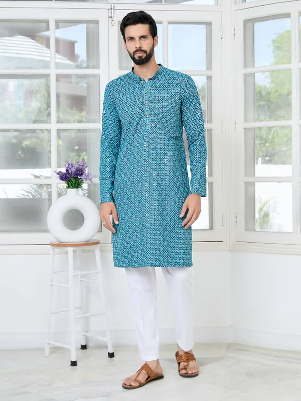 Men_Blue_Embroidered_Straight_Kurta_with_Pyjama_with_Pyjama