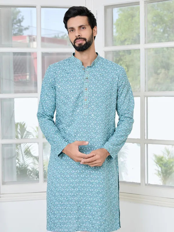 Men_Blue_Embroidered_Mandarin_Collar_Straight_Kurta_With_Pyjama