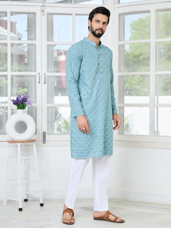 Men_Blue_Embroidered_Mandarin_Collar_Straight_Kurta_With_Pyjama